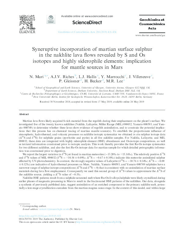 Syneruptive incorporation of martian surface sulphur in the nakhlite lava flows revealed by S and Os isotopes and highly siderophile elements: implication for mantle sources in Mars Thumbnail