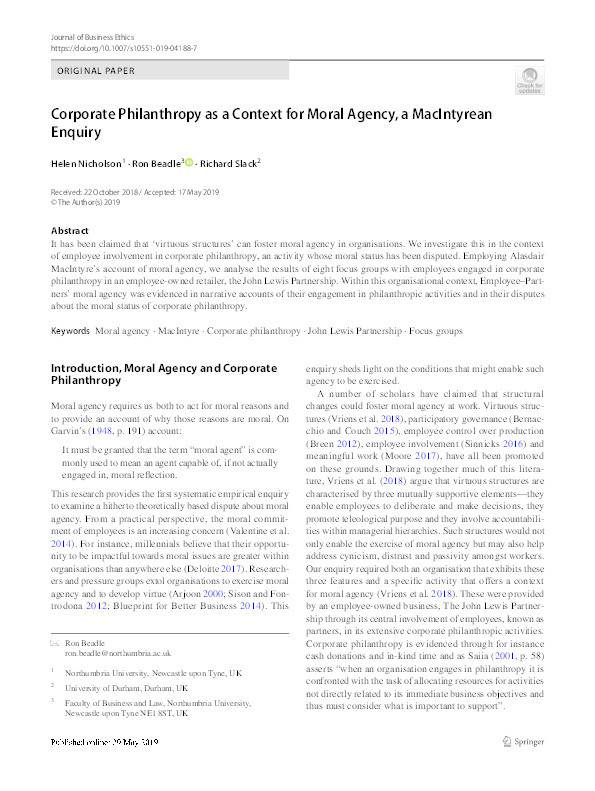 Corporate Philanthropy as a Context for Moral Agency, a MacIntyrean Enquiry Thumbnail