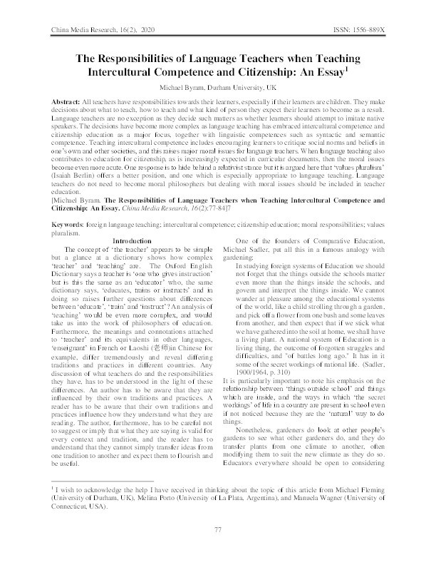 The Responsibilities of Language Teachers when Teaching Intercultural Competence and Citizenship - An Essay Thumbnail