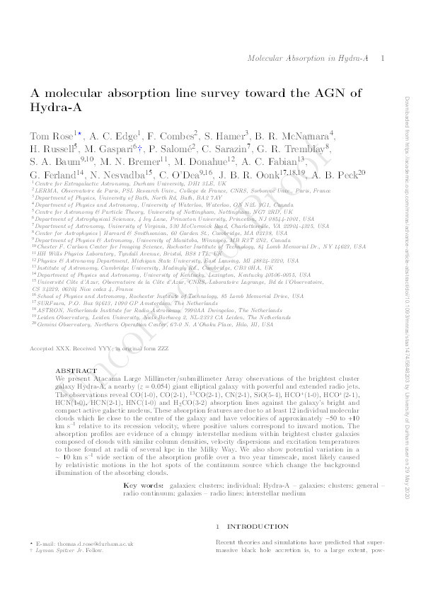 A molecular absorption line survey toward the AGN of Hydra-A Thumbnail