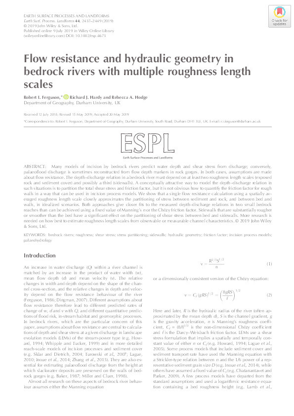 Flow resistance and hydraulic geometry in bedrock rivers with multiple roughness length scales Thumbnail