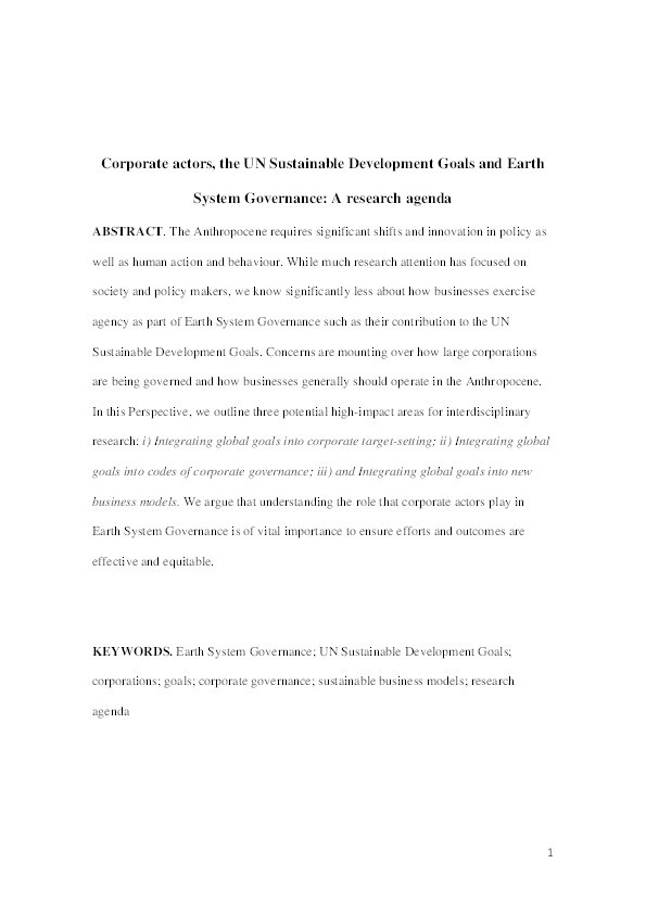 Corporate actors, the UN Sustainable Development Goals and Earth System Governance: A research agenda Thumbnail