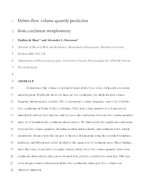 Debris-flow volume quantile prediction from catchment morphometry Thumbnail
