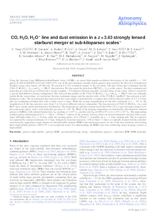 CO, H2O, H2O+ line and dust emission in a z = 3.63 strongly lensed starburst merger at sub-kiloparsec scales Thumbnail