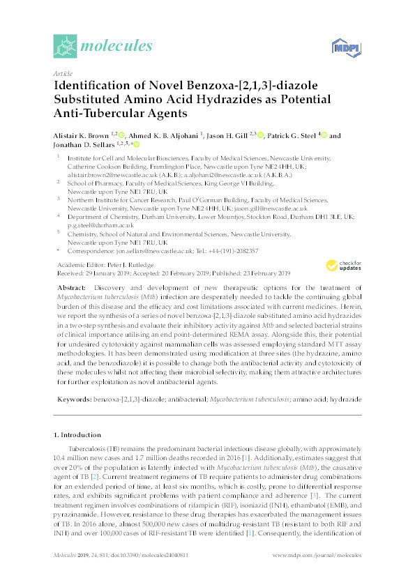 Identification of Novel Benzoxa-[2,1,3]-diazole Substituted Amino Acid Hydrazides as Potential Anti-Tubercular Agents Thumbnail