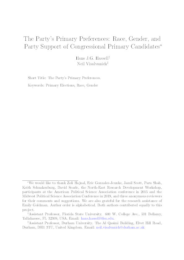 The Party’s Primary Preferences: Race, Gender, and Party Support of Congressional Primary Candidates Thumbnail