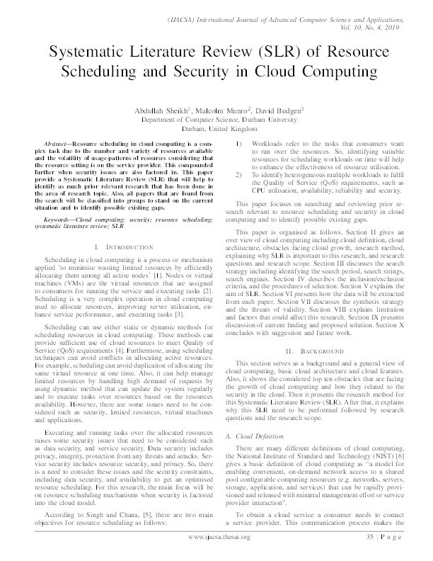 Systematic Literature Review (SLR) of Resource Scheduling and Security in Cloud Computing Thumbnail