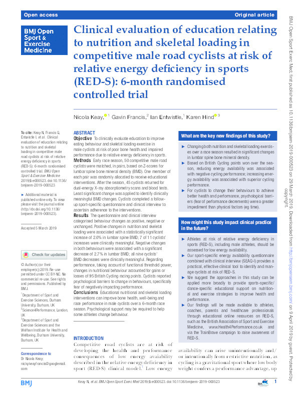 Clinical evaluation of education relating to nutrition and skeletal loading in competitive male road cyclists at risk of relative energy deficiency in sports (RED-S): 6-month randomized controlled trial Thumbnail