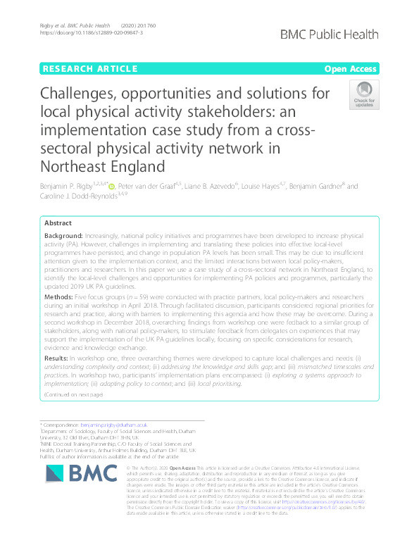 Challenges, opportunities and solutions for local physical activity stakeholders: an implementation case study from a cross-sectoral physical activity network in Northeast England Thumbnail