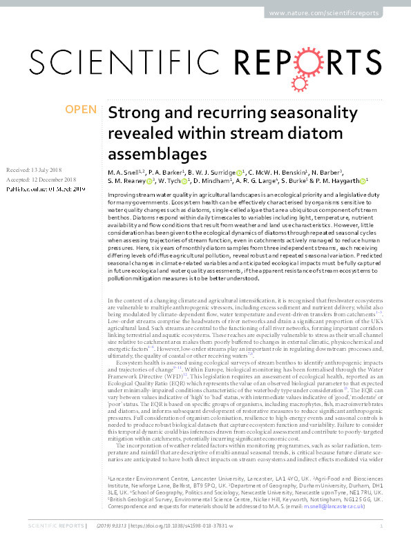 Strong and recurring seasonality revealed within stream diatom assemblages Thumbnail