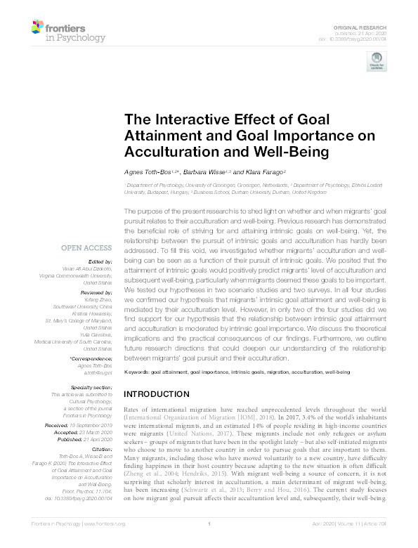 The Interactive Effect of Goal Attainment and Goal Importance on Acculturation and Well-Being Thumbnail