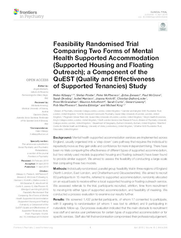 Feasibility Randomised Trial Comparing Two Forms of Mental Health Supported Accommodation (Supported Housing and Floating Outreach); a Component of the QuEST (Quality and Effectiveness of Supported Tenancies) Study Thumbnail