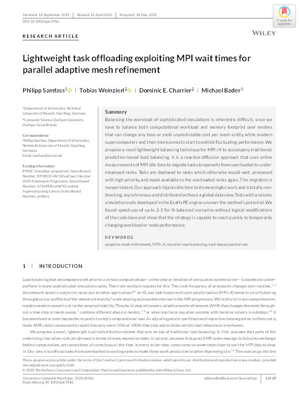 Lightweight Task Offloading Exploiting MPI Wait Times for Parallel Adaptive Mesh Refinement Thumbnail