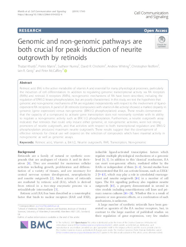 Genomic and non-genomic pathways are both crucial for peak induction of neurite outgrowth by retinoids Thumbnail