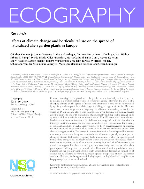 Effects of climate change and horticultural use on the spread of naturalized alien garden plants in Europe Thumbnail