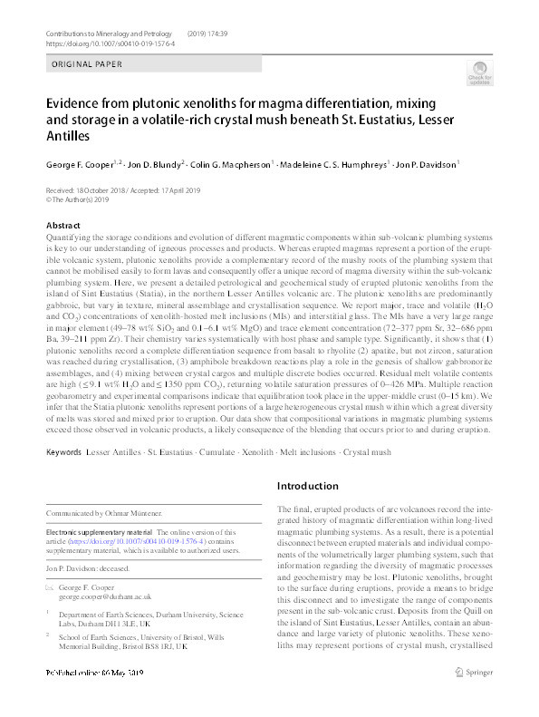 Evidence from plutonic xenoliths for magma differentiation, mixing and storage in a volatile-rich crystal mush beneath St. Eustatius, Lesser Antilles Thumbnail