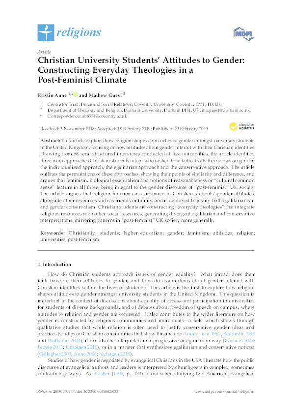 Christian University Students’ Attitudes to Gender: Constructing Everyday Theologies in a Post-Feminist Climate Thumbnail