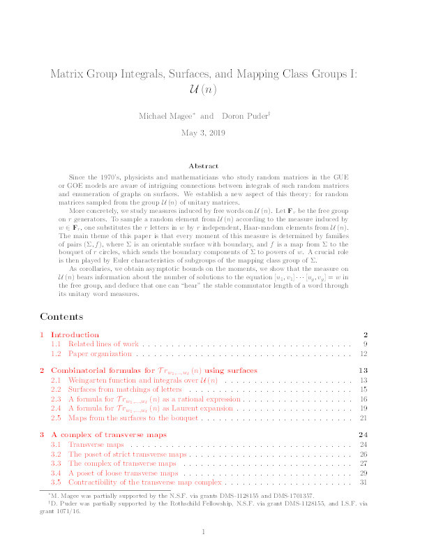 Matrix group integrals, surfaces, and mapping class groups I: U(n) Thumbnail