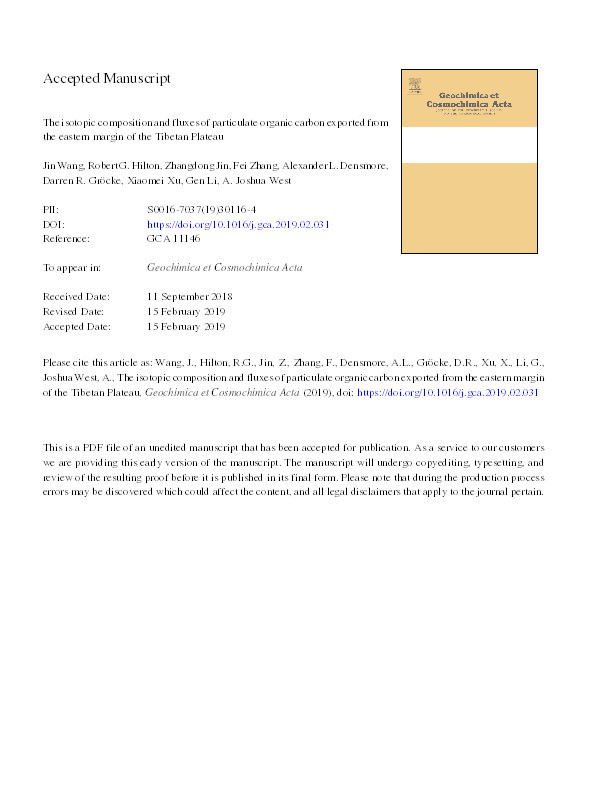 The isotopic composition and fluxes of particulate organic carbon exported from the eastern margin of the Tibetan Plateau Thumbnail