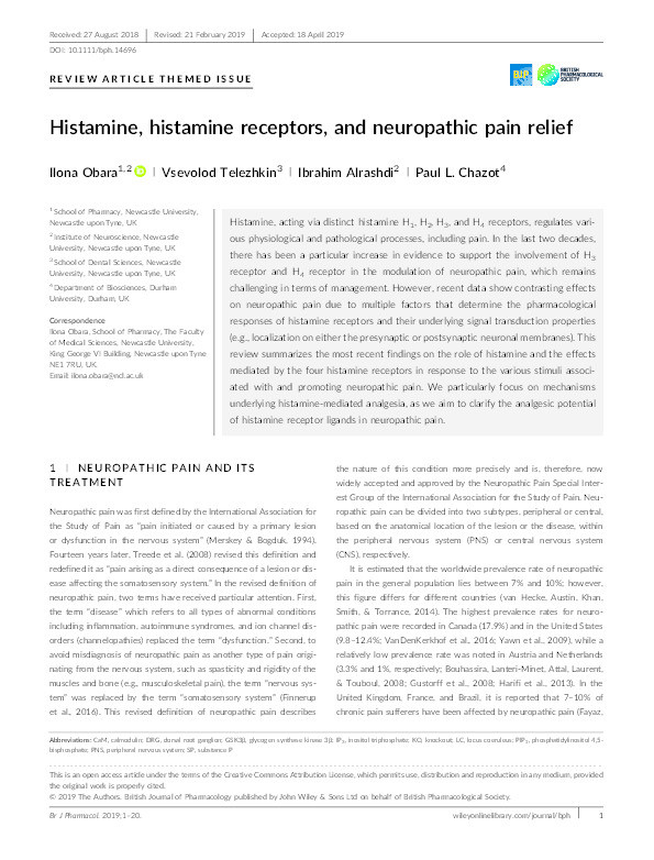 Histamine, histamine receptors and neuropathic pain relief Thumbnail