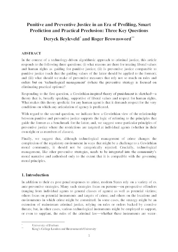 Punitive and Preventive Justice in an Era of Profiling, Smart Prediction and Practical Preclusion: Three Key Questions Thumbnail