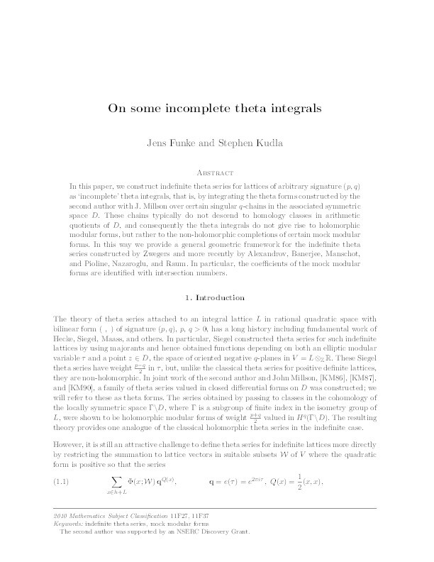 On some incomplete theta integrals Thumbnail