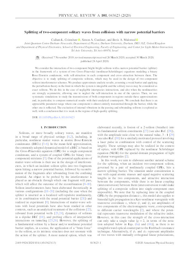 Splitting of two-component solitary waves from collisions with narrow potential barriers Thumbnail