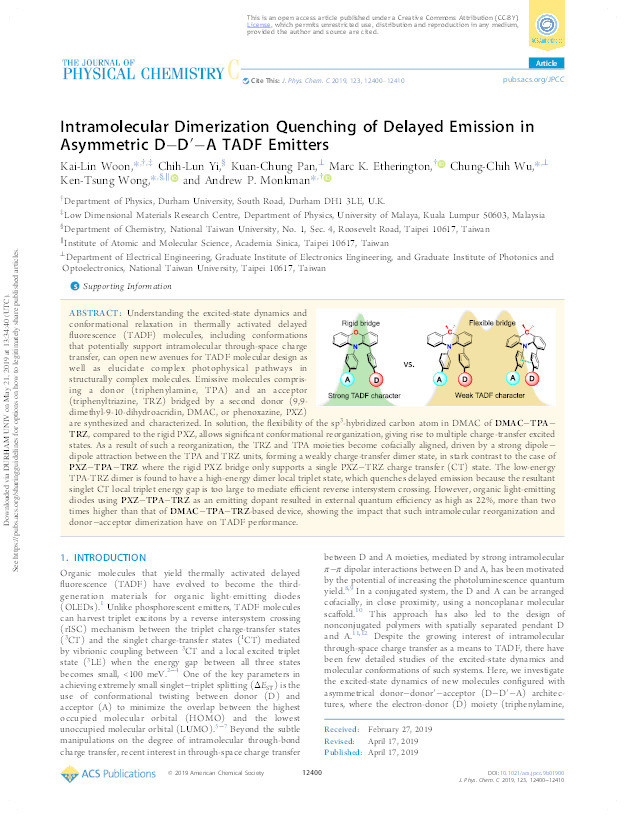 Intramolecular Dimerization Quenching of Delayed Emission in Asymmetric D-D’-A TADF Emitters Thumbnail