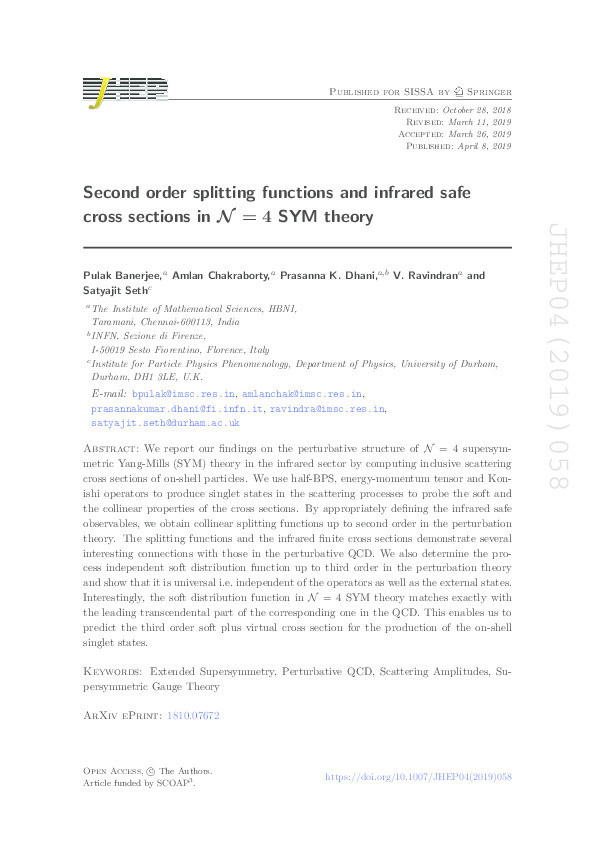 Second order splitting functions and infrared safe cross sections in N = 4 SYM theory Thumbnail