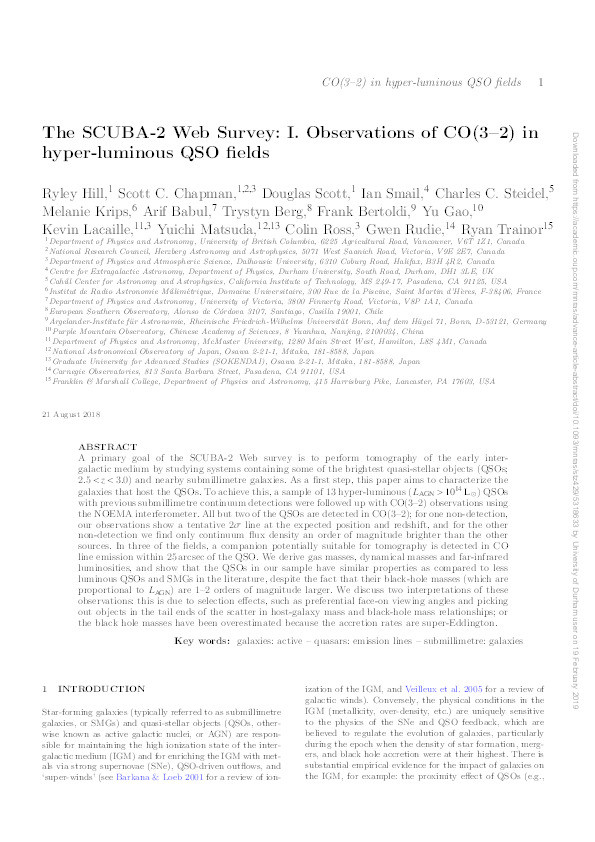 The SCUBA-2 Web Survey: I. Observations of CO(3–2) in hyper-luminous QSO fields Thumbnail