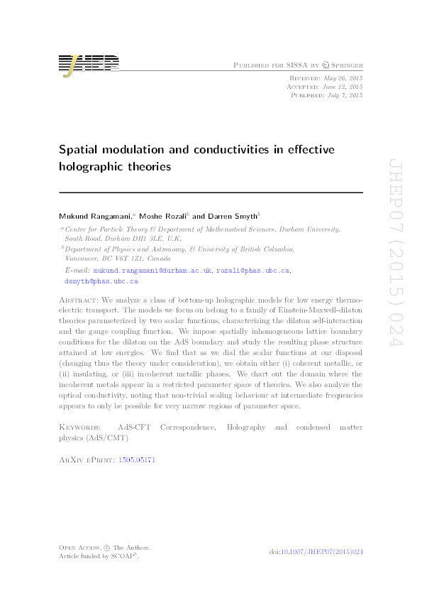 Spatial modulation and conductivities in effective holographic theories Thumbnail