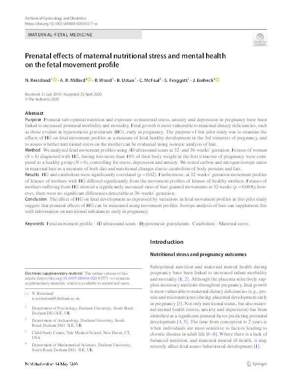 Prenatal effects of maternal nutritional stress and mental health on the fetal movement profile Thumbnail