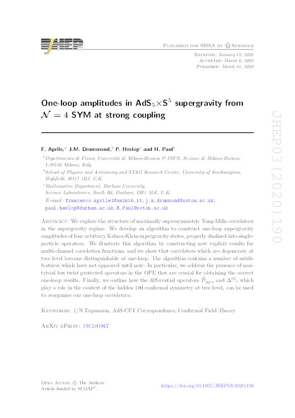 One-loop amplitudes in AdS5×S5 supergravity from N = 4 SYM at strong coupling Thumbnail