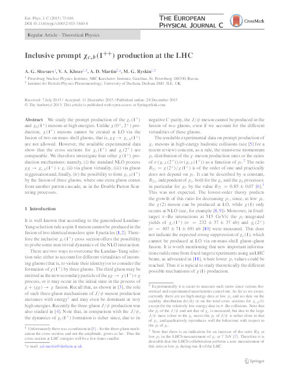 Inclusive prompt $$\chi _{c,b}(1^{++})$$ χ c , b ( 1 + + ) production at the LHC Thumbnail