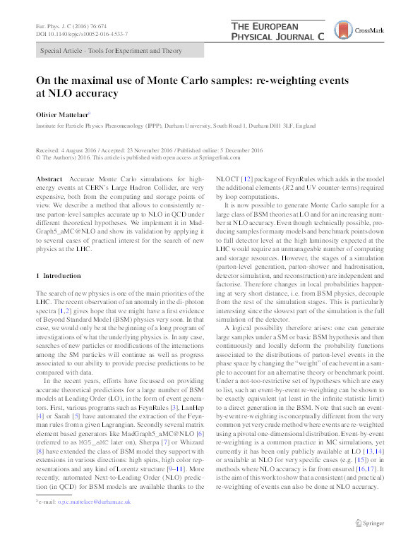 On the maximal use of Monte Carlo samples: re-weighting events at NLO accuracy Thumbnail