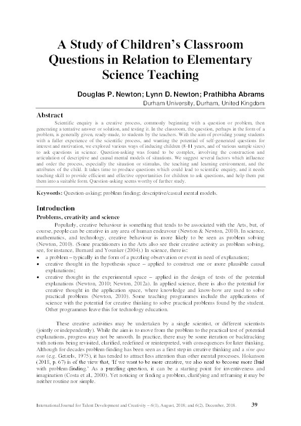 A study of children’s classroom questions in relation to elementary science teaching Thumbnail