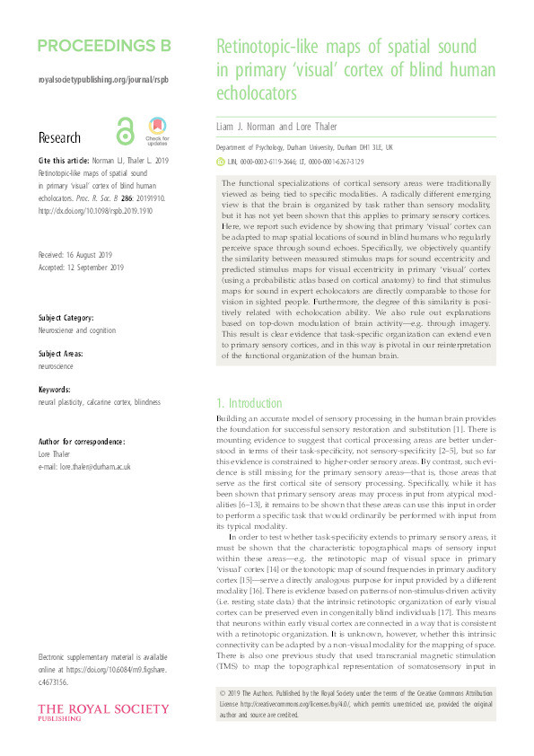 Retinotopic-like maps of spatial sound in primary 'visual' cortex of blind human echolocators Thumbnail