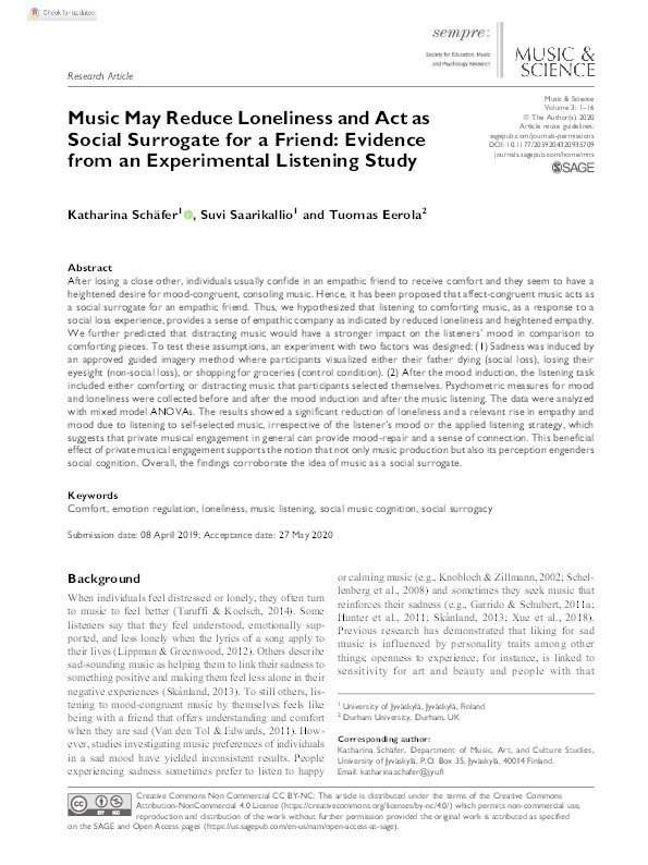 Music may reduce loneliness and act as social surrogate for a friend: Evidence from an experimental listening study Thumbnail