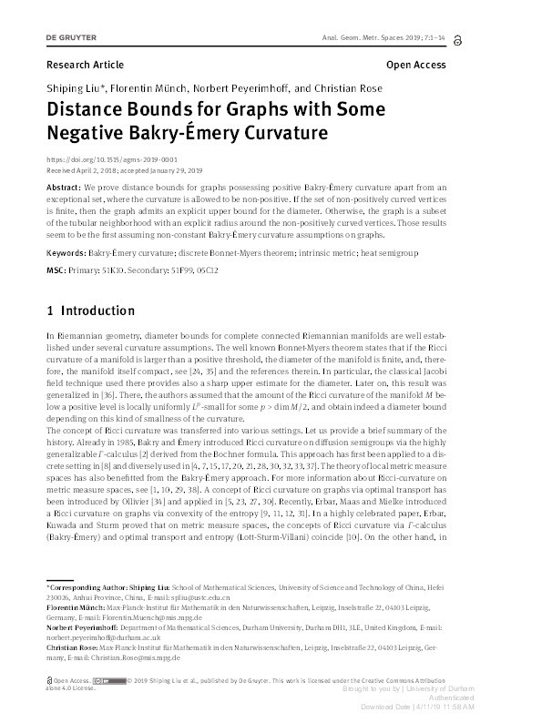 Distance Bounds for Graphs with Some Negative Bakry-Émery Curvature Thumbnail