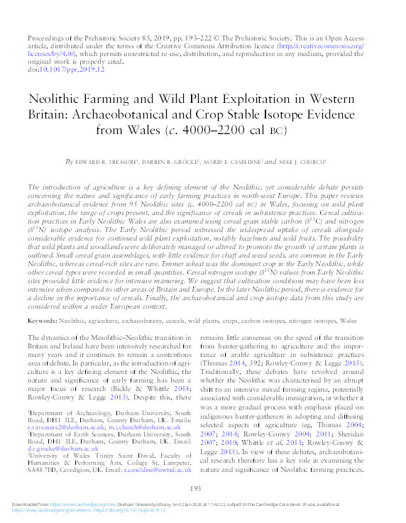 Neolithic farming and wild plant exploitation in western Britain: archaeobotanical and crop stable isotope evidence from Wales (c. 4000–2200 cal BC) Thumbnail