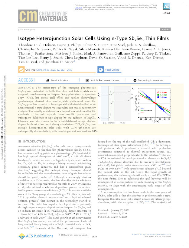 Isotype Heterojunction Solar Cells Using n-Type Sb2Se3 Thin Films Thumbnail