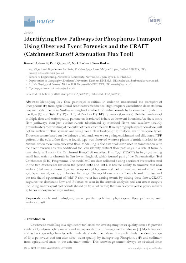 Identifying Flow Pathways for Phosphorus Transport Using Observed Event Forensics and the CRAFT (Catchment Runoff Attenuation Flux Tool) Thumbnail