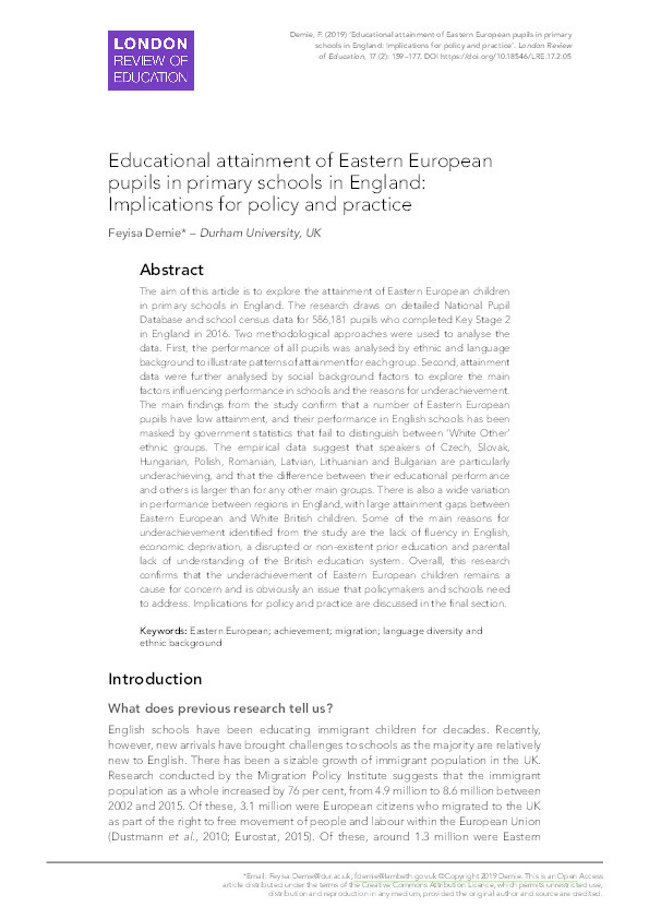Educational attainment of East European pupils in primary schools in England Thumbnail