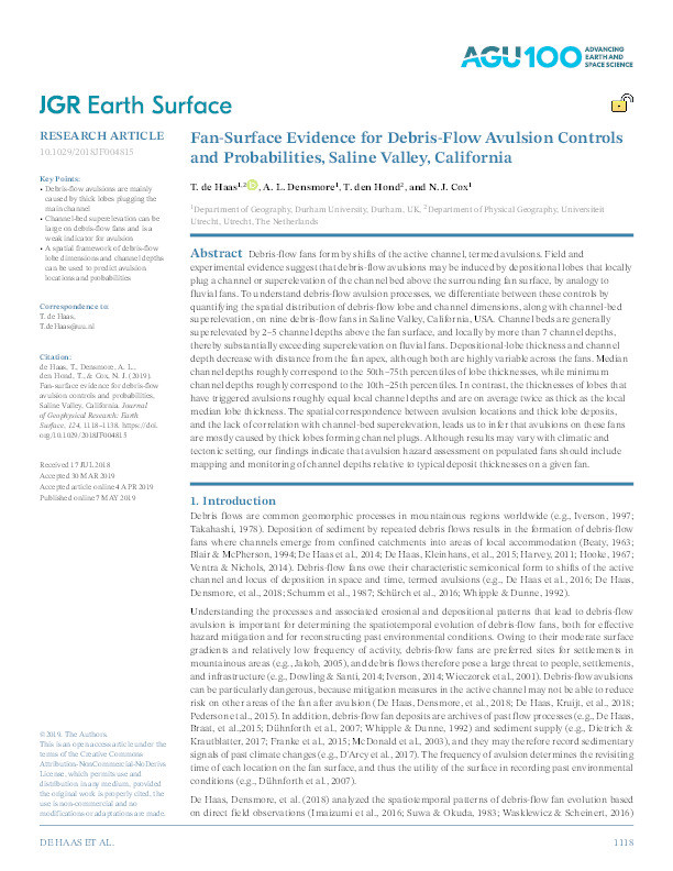 Fan‐surface evidence for debris‐flow avulsion controls and probabilities, Saline Valley, California Thumbnail