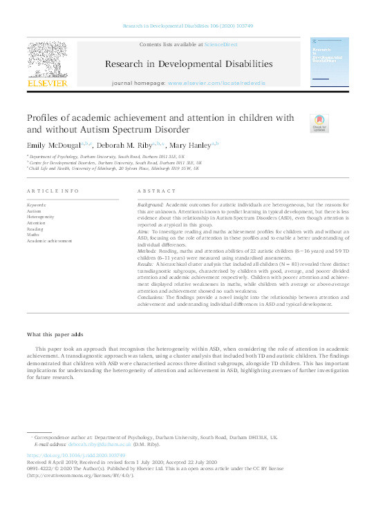 Profiles of academic achievement and attention in children with and without Autism Spectrum Disorder Thumbnail