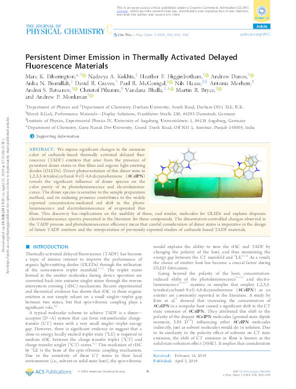 Persistent Dimer Emission in Thermally Activated Delayed Fluorescence Materials Thumbnail