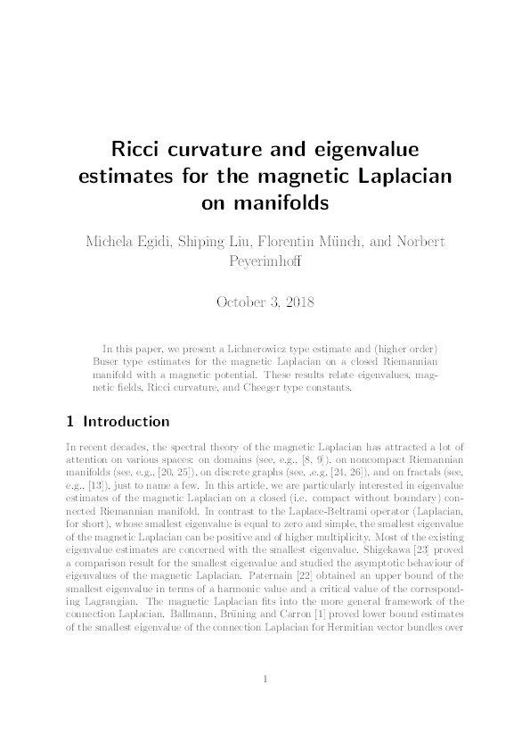 Ricci curvature and eigenvalue estimates for the magnetic Laplacian on manifolds Thumbnail