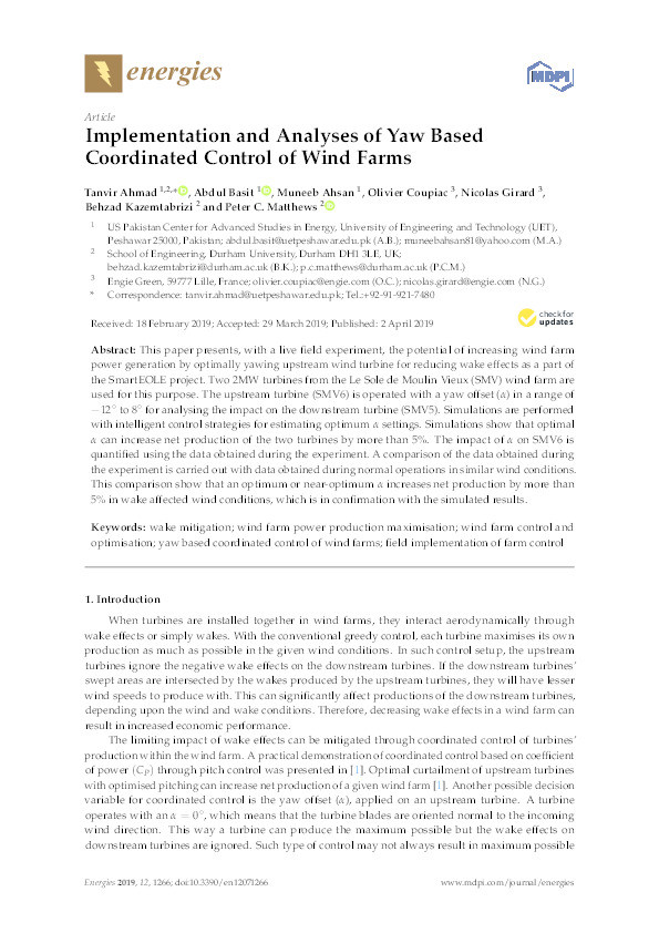 Implementation and Analyses of Yaw Based Coordinated Control of Wind Farms Thumbnail