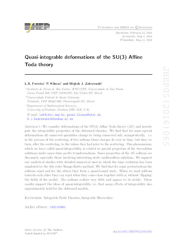 Quasi-integrable deformations of the SU(3) Affine Toda theory Thumbnail