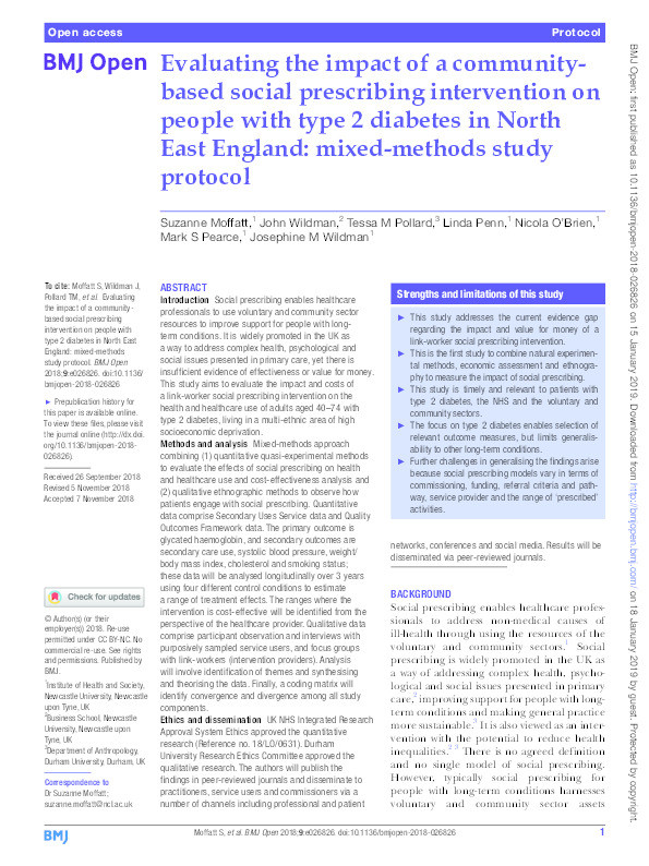 Evaluating the impact of a community-based social prescribing intervention on people with type 2 diabetes in North East England: mixed-methods study protocol Thumbnail